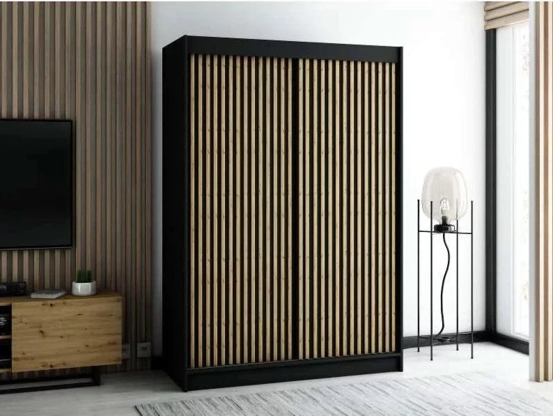 Gloucester I 150cm Sliding Door Wardrobe Strips Design - Artisan Oak, Black, White