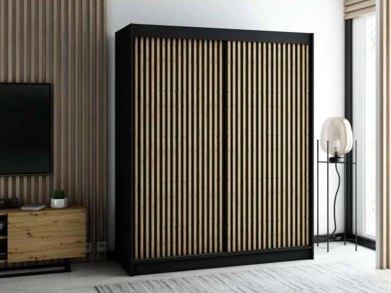 Gloucester I 180cm Sliding Door Wardrobe Strips Design - Black, White, Artisan Oak