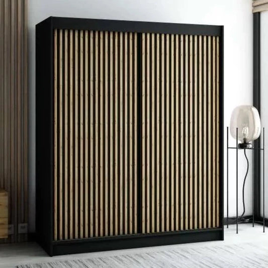 Gloucester I 180cm Sliding Door Wardrobe Strips Design - Black, White, Artisan Oak