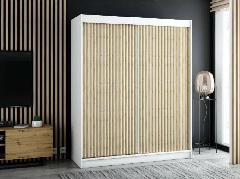 Gloucester I 180cm Sliding Door Wardrobe Strips Design - Artisan Oak, Black, White