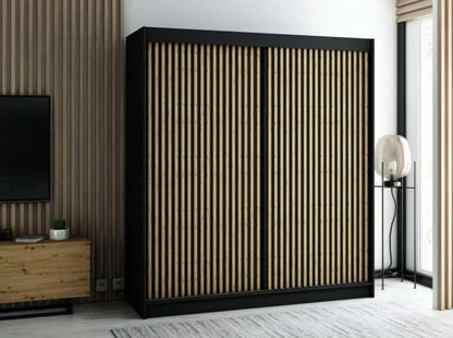 Gloucester I 200cm Sliding Door Wardrobe Strips Design - White, Artisan Oak, Black