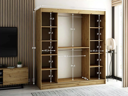 Gloucester I 200cm Sliding Door Wardrobe Strips Design - White, Artisan Oak, Black