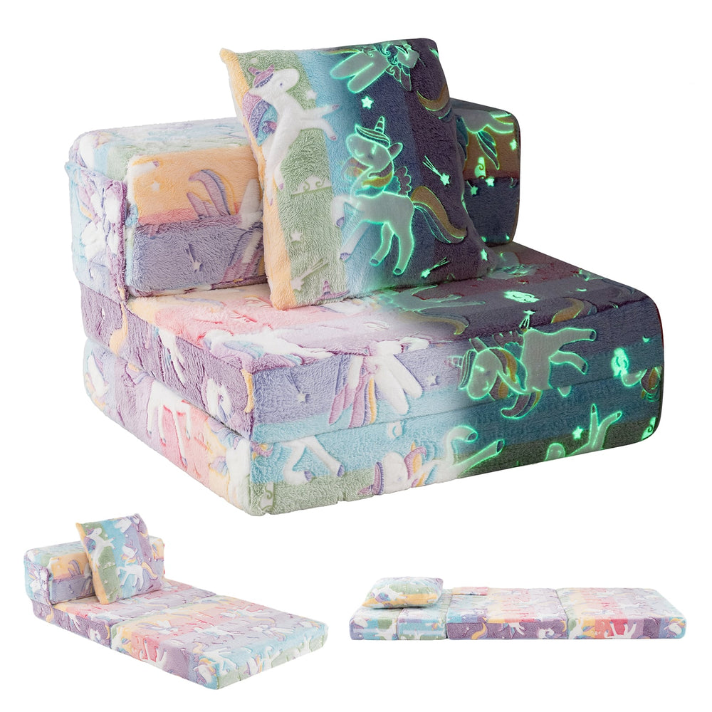 Glow In the Dark Kids Couch with Washable Zippered Covers and Extra Pillow-Colourful
