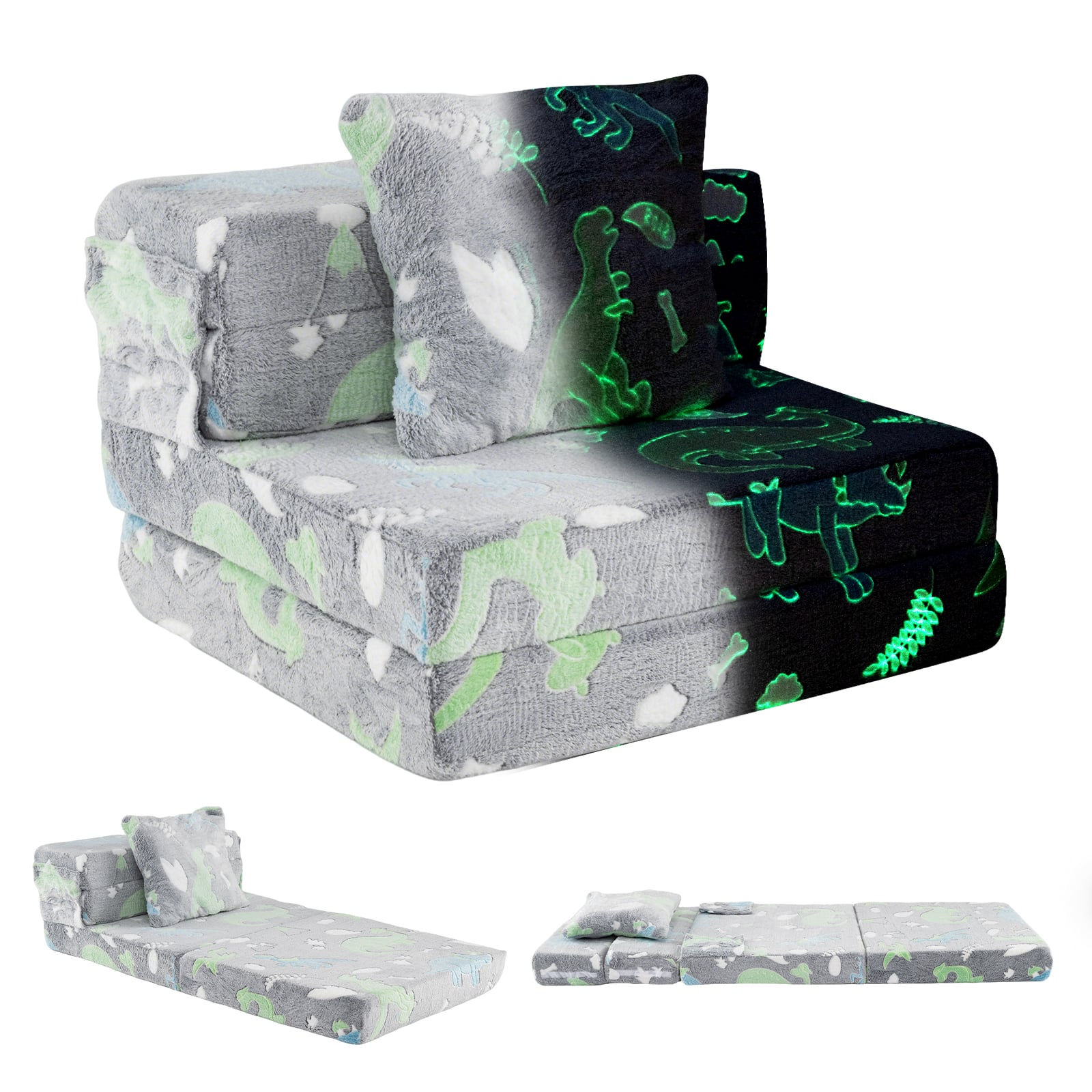 Glow In the Dark Kids Couch with Washable Zippered Covers and Extra Pillow-Grey
