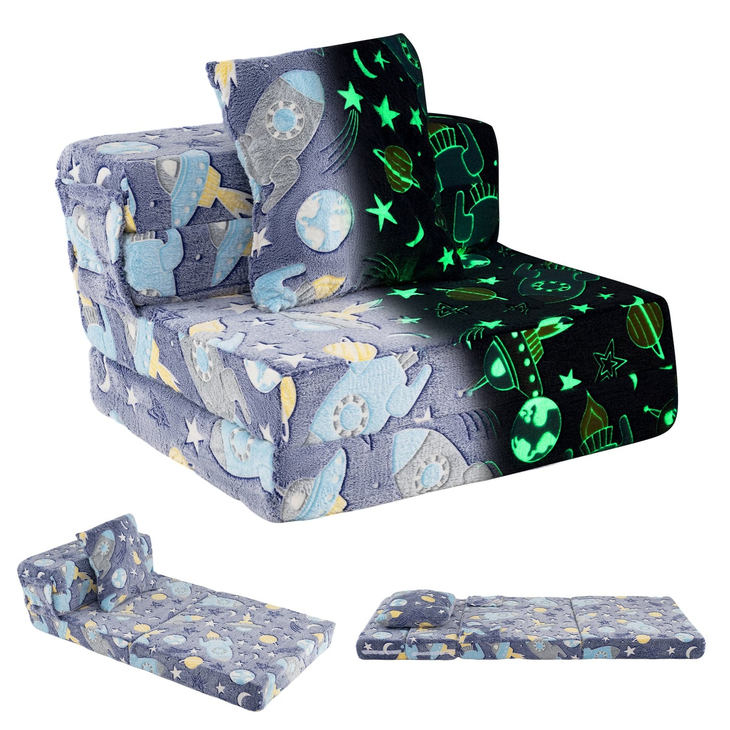 Glow In the Dark Kids Couch with Washable Zippered Covers and Extra Pillow-Navy