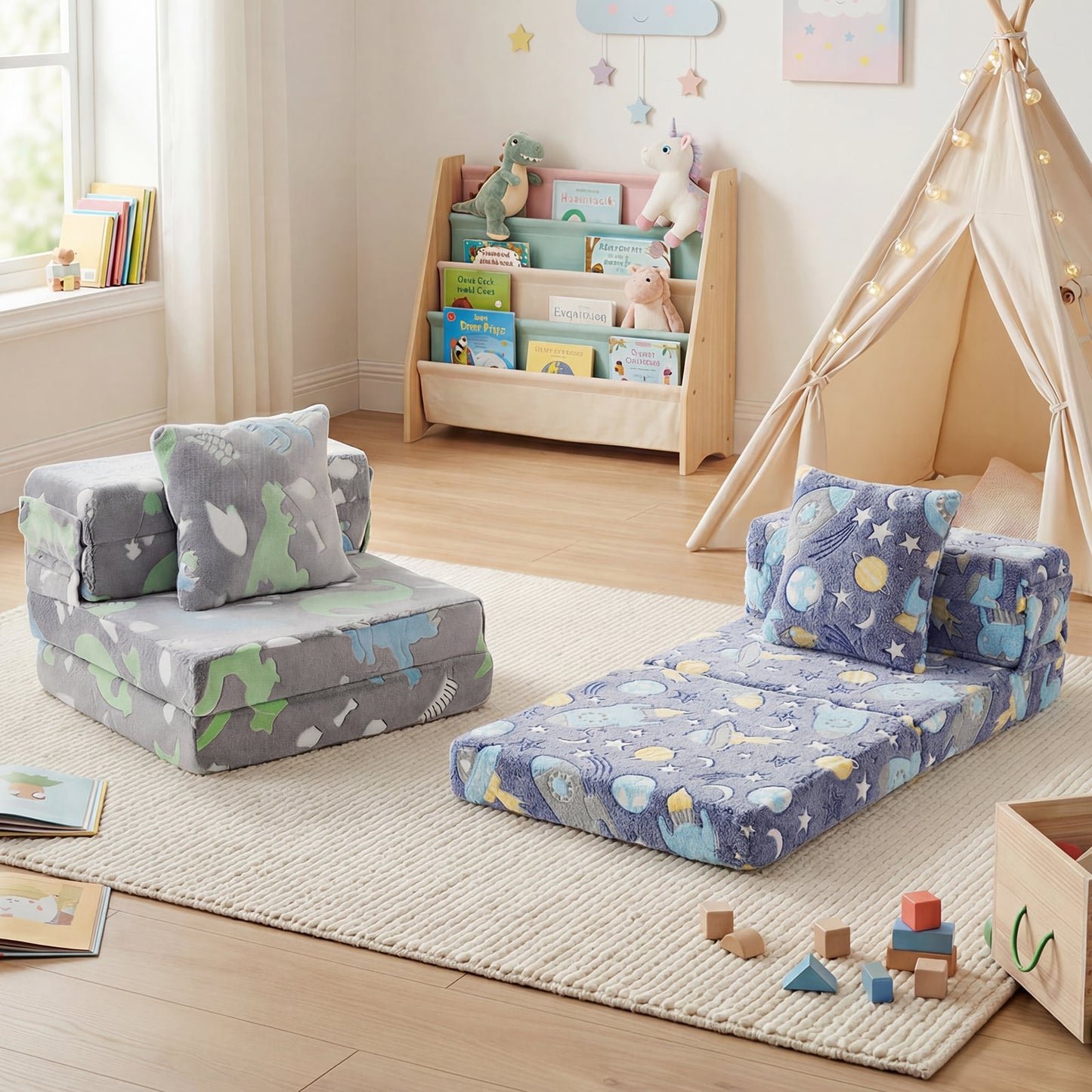 Glow In the Dark Kids Couch with Washable Zippered Covers and Extra Pillow-Navy