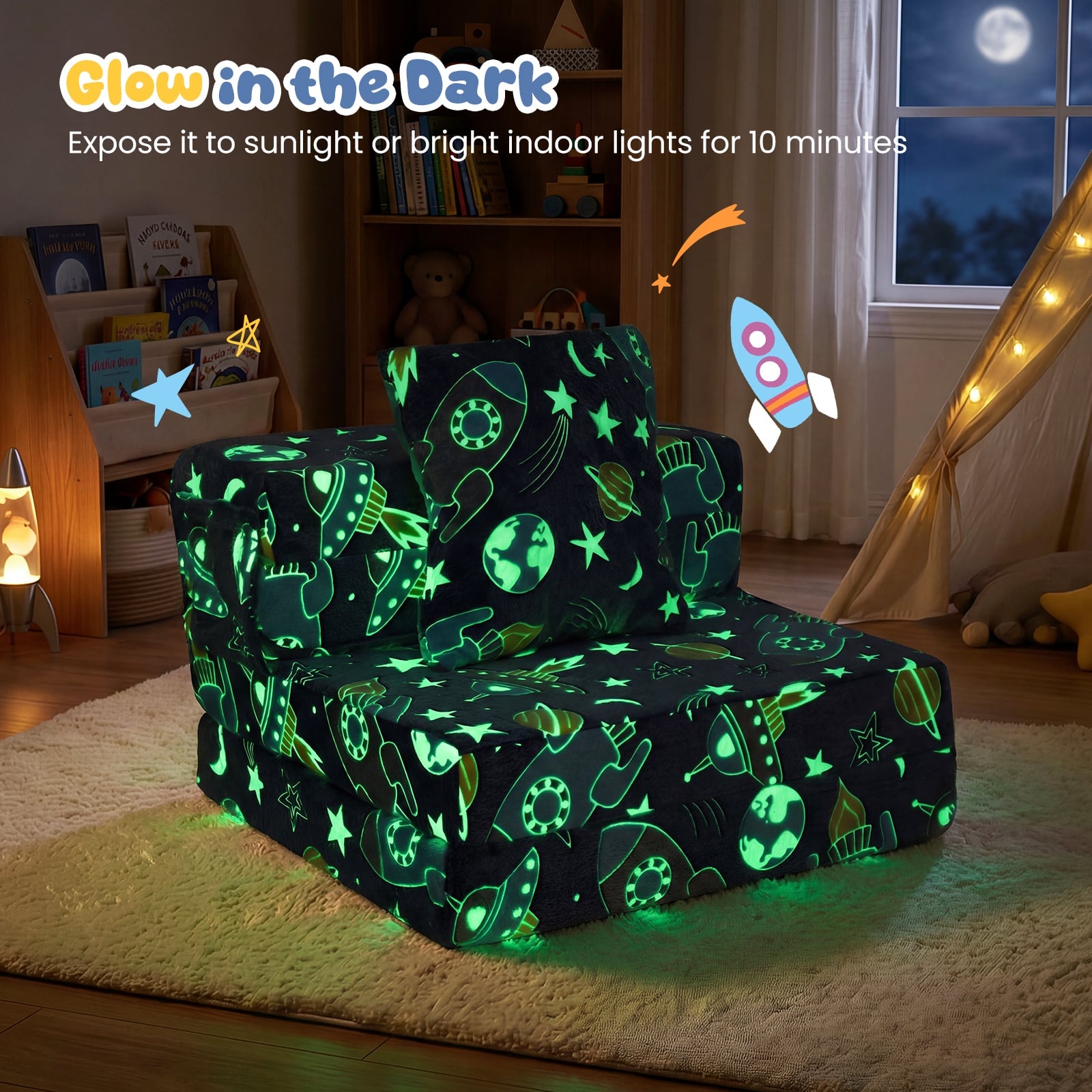 Glow In the Dark Kids Couch with Washable Zippered Covers and Extra Pillow-Navy