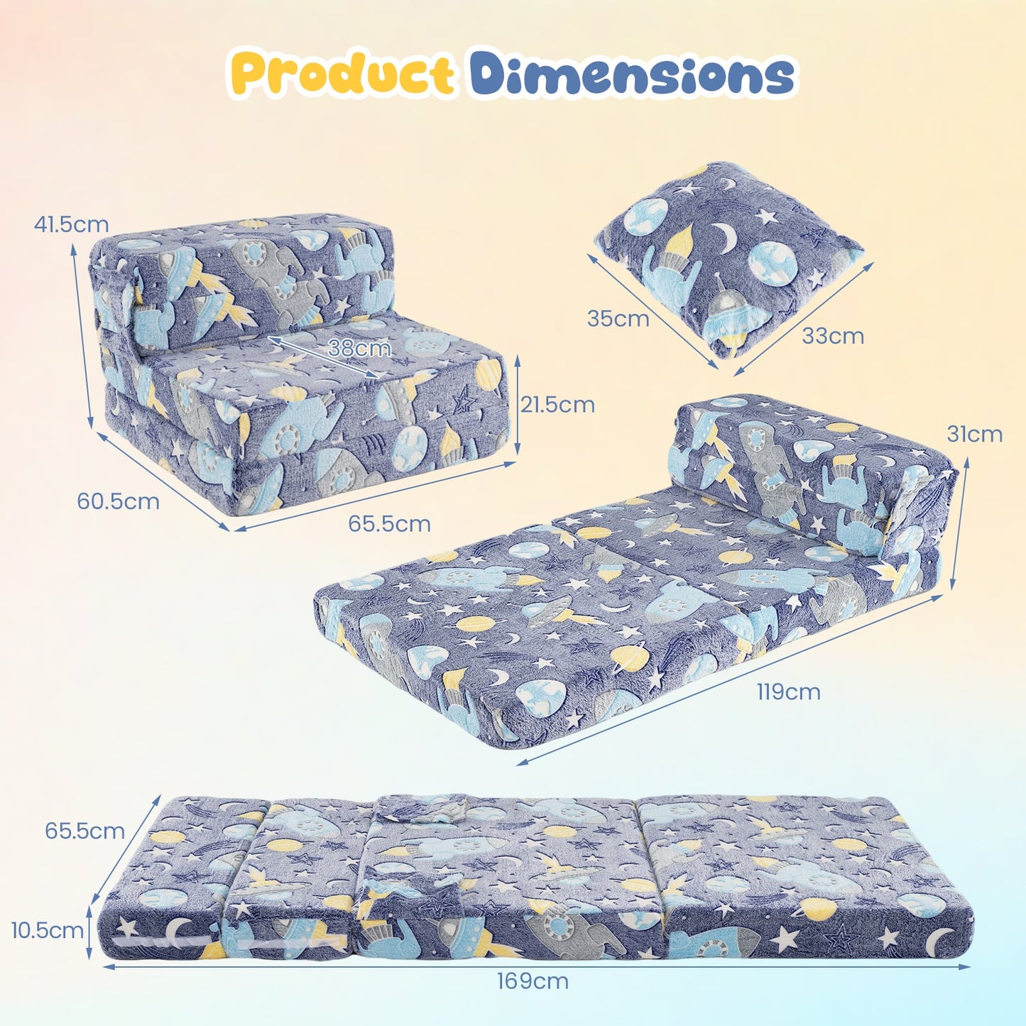 Glow In the Dark Kids Couch with Washable Zippered Covers and Extra Pillow-Navy