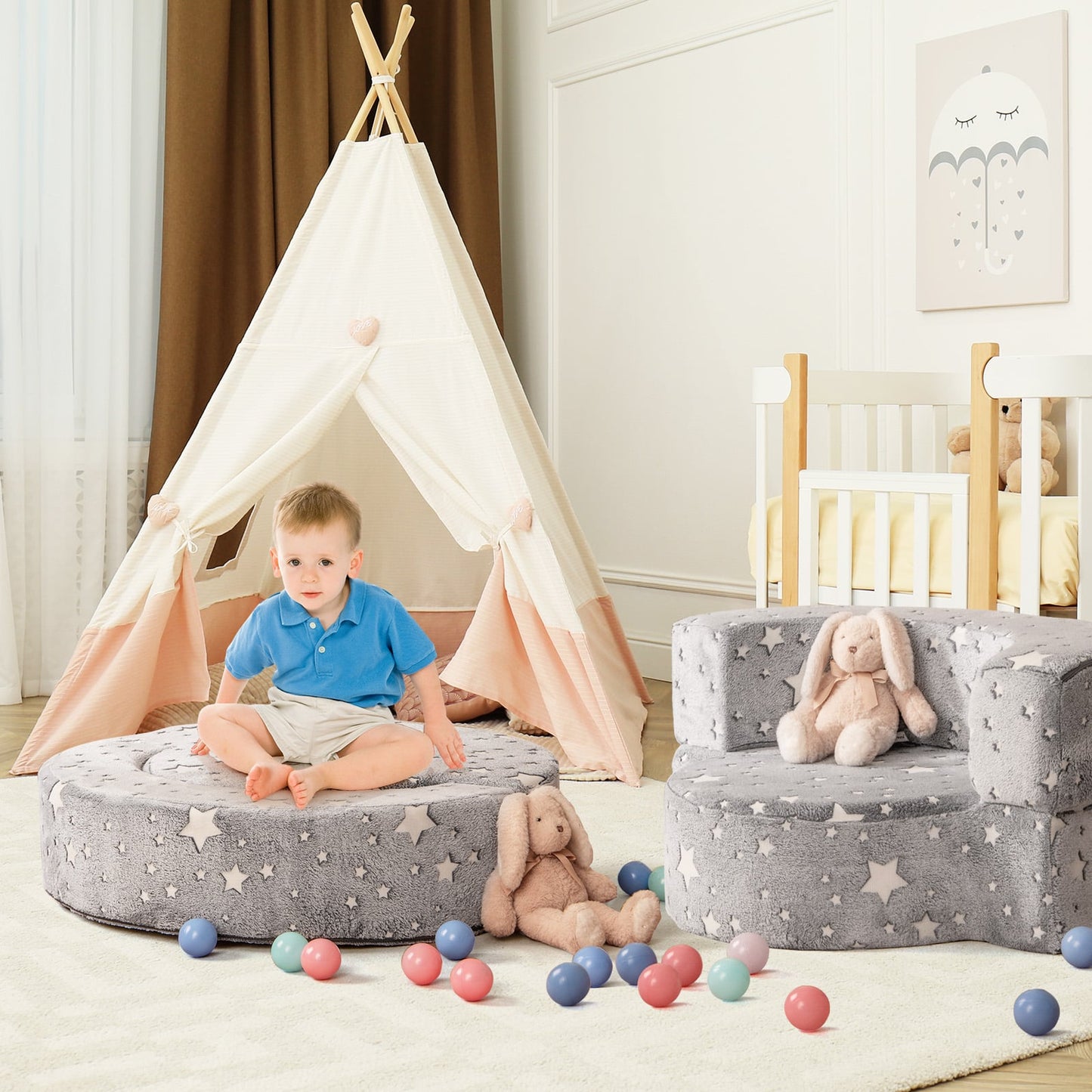 Convertible Glow-in-the-Dark Kids Sofa with Removable Washable Cover-Grey
