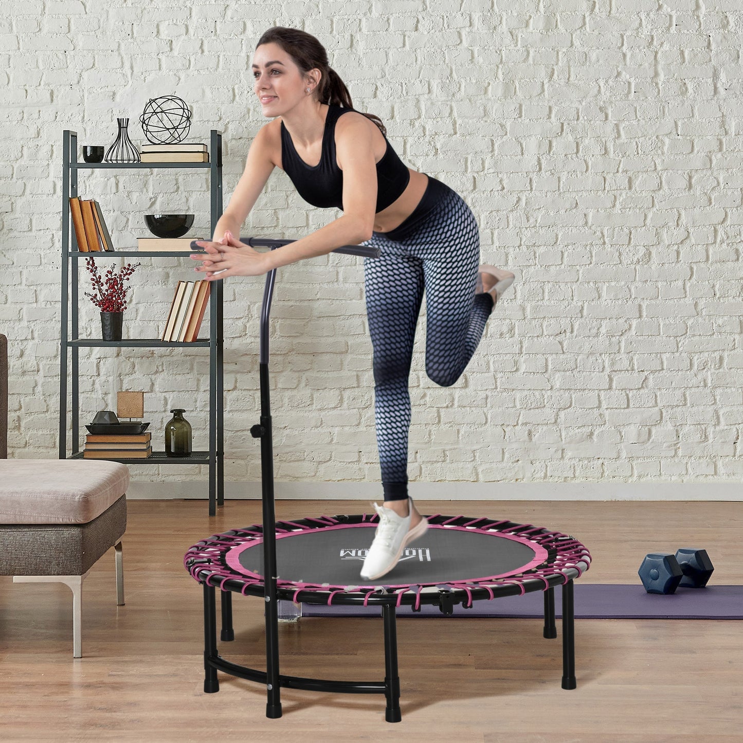 HOMCOM Mini Round Steel Frame Trampoline w/ Adjustable Handle, Pink