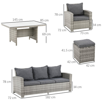 Outsunny 6 Pieces PE Rattan Garden Furniture Set with Three-seat, Armchairs and Footstools, Aluminium Patio Wicker Dining Sets w/ Glass Top Dining Table, Soft Cushion, Light Grey