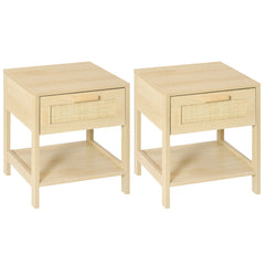 HOMCOM Bedside Table, Nightstand with Rattan Drawer and Storage Open Shelf, Farmhouse Side Table for Bedroom, Living Room, Set of 2