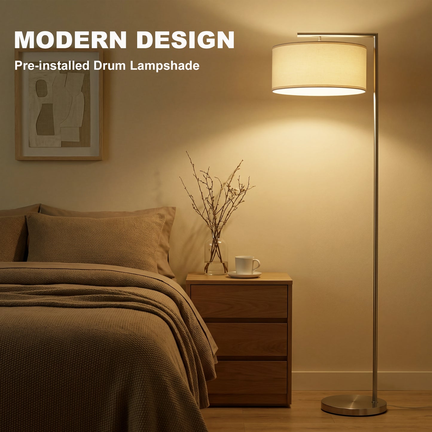 HOMCOM Floor Lamp, Modern Standing Lamp with Linen Lampshade, Round Base for Living Room, Bedroom, Dining Room, 153cm, Silver Tone