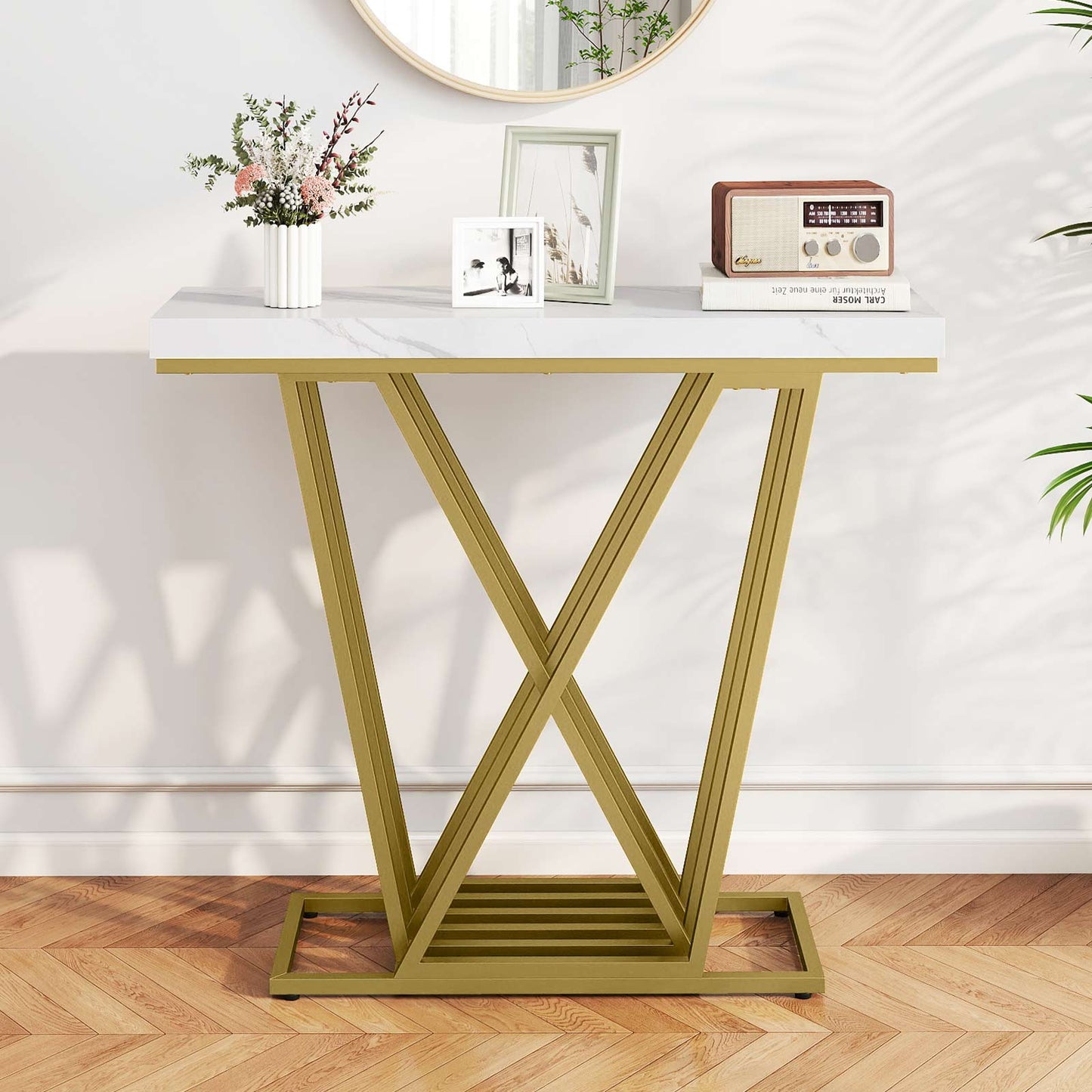 Gold Console Table Modern Sofa Table with Faux Marble Rectangular Tabletop-White