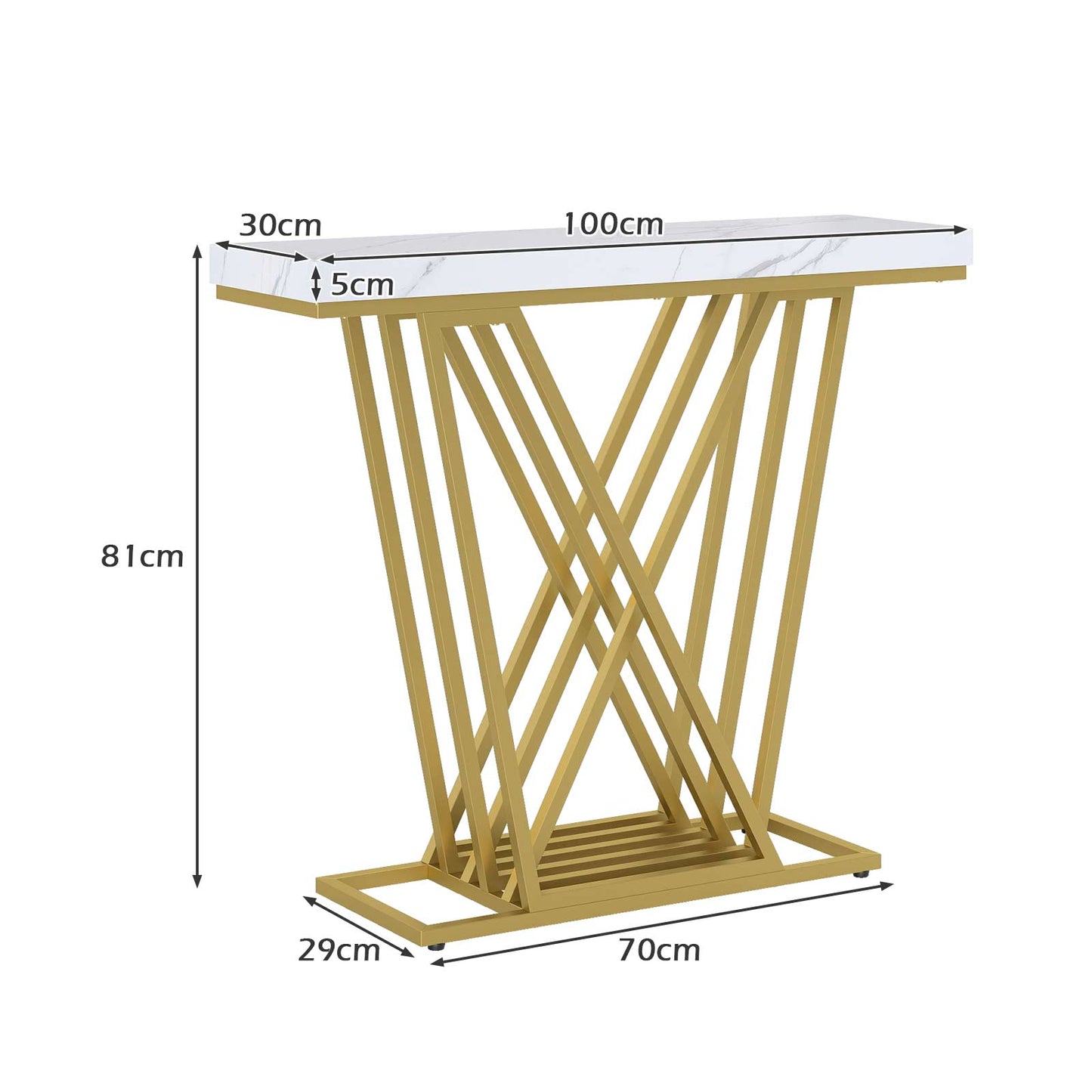 Gold Console Table Modern Sofa Table with Faux Marble Rectangular Tabletop-White