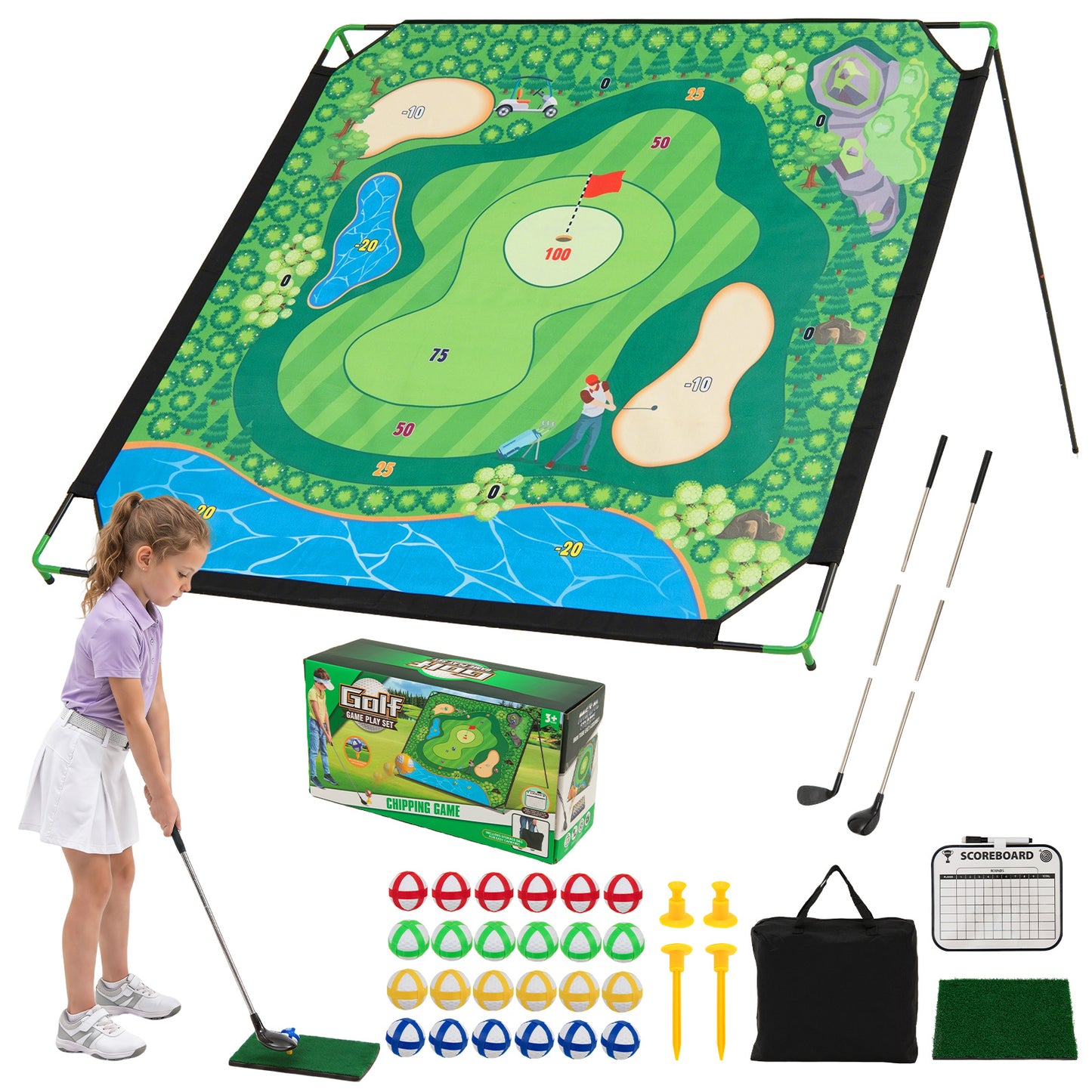 Golf Chipping Game Set 71" x 71" Large Chipping Mat for Indoor and Outdoor Practice
