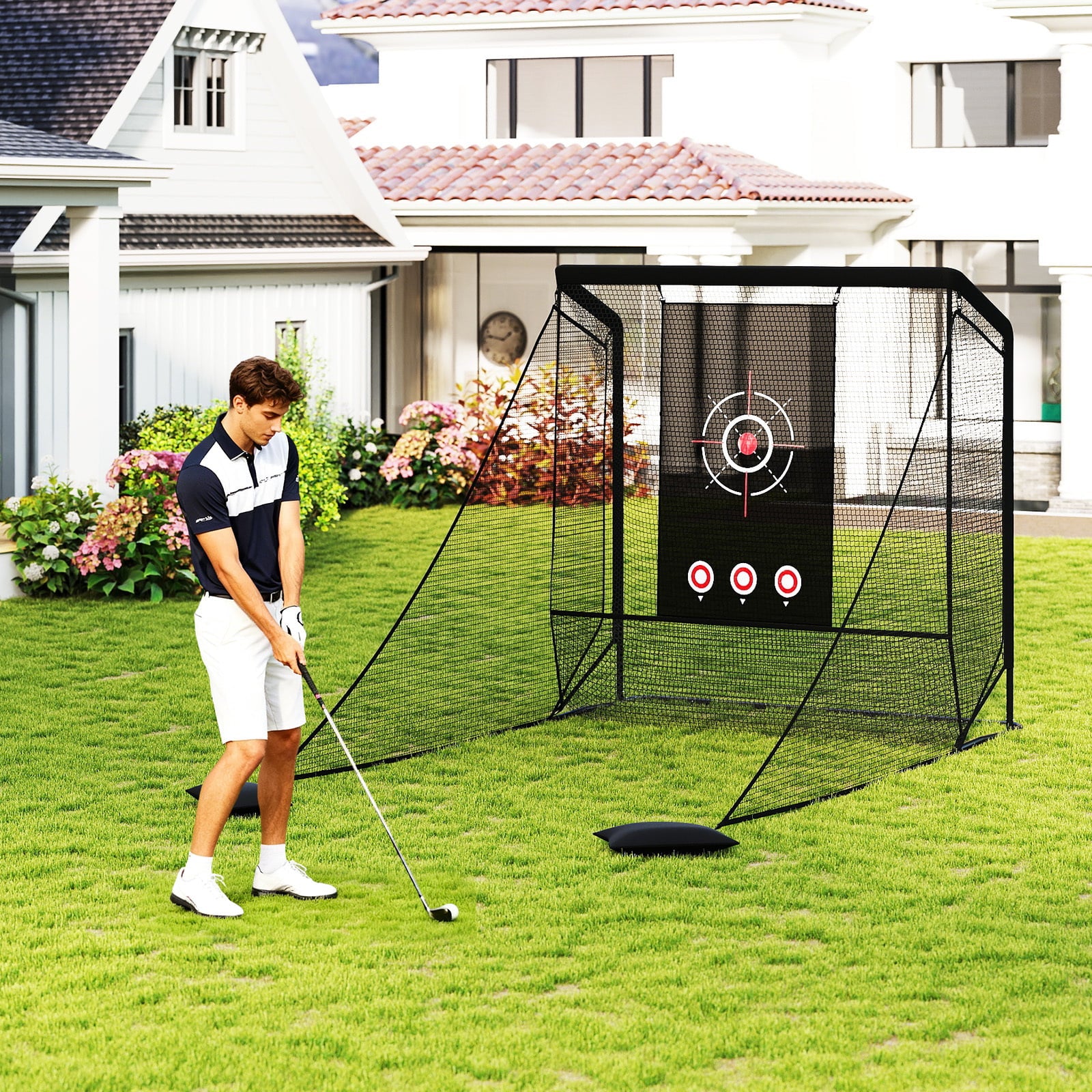 Golf Practice Net with Dual Side Barriers and Sand Bags for Backyard
