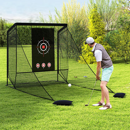 Golf Practice Net with Dual Side Barriers and Sand Bags for Backyard