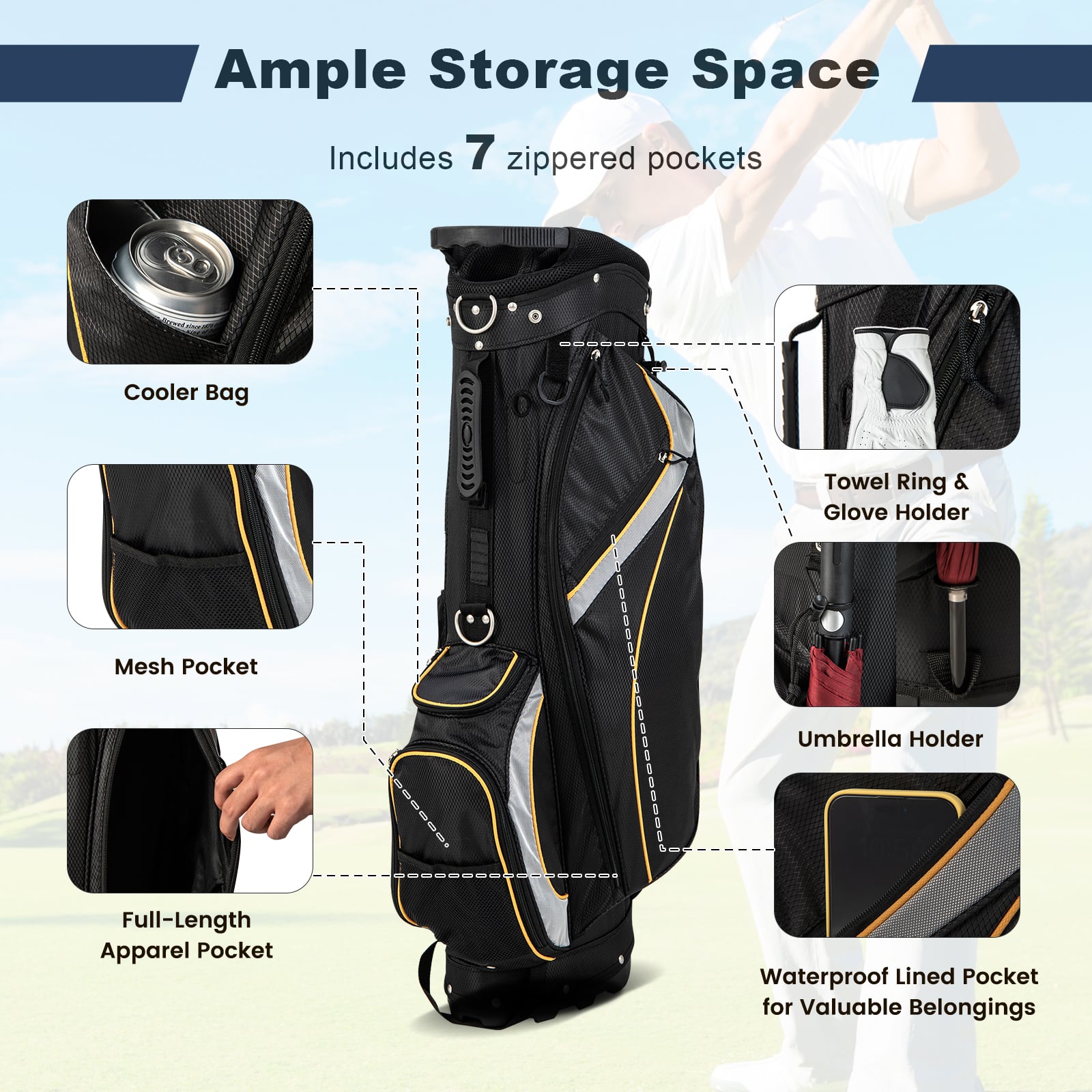 Golf Stand Bag with 8 Way Dividers and 7 Zippered Pockets