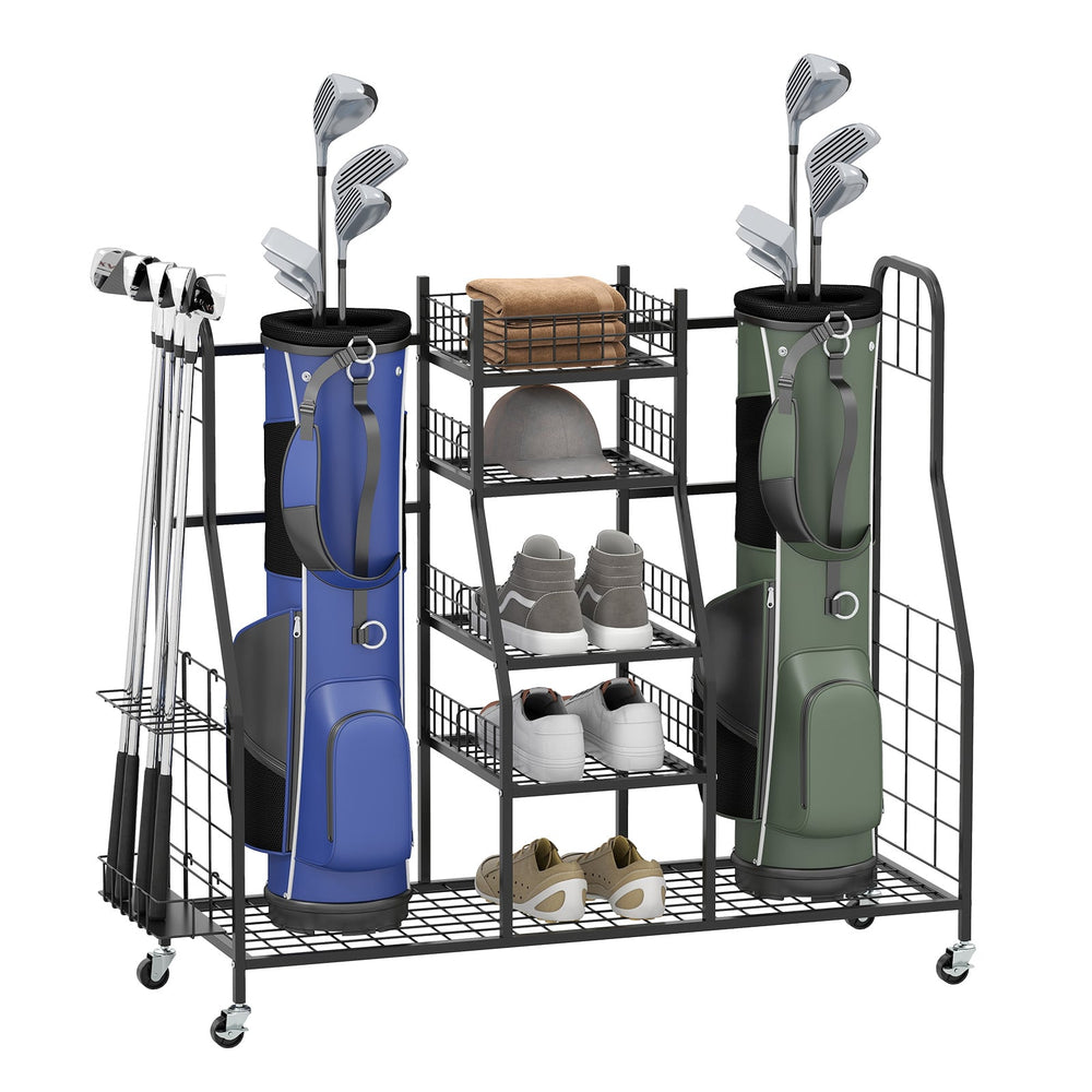 Golf Bag Storage Organizer for 2 Golf Bags and Golf Equipment Accessories-Black