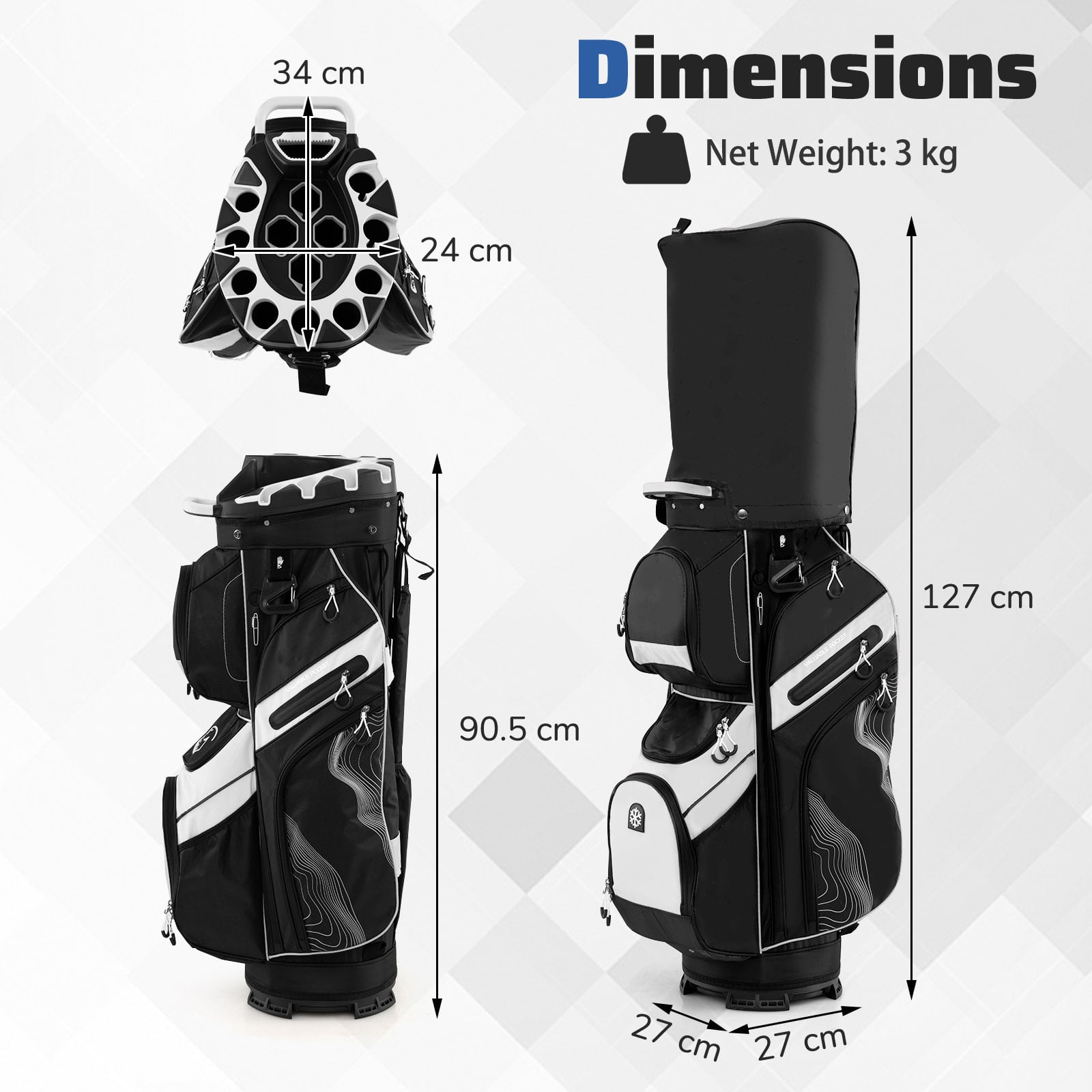 Golf Cart Bag Molded Lock Top Golf Bag with 14-Way Full Length Dividers-Black