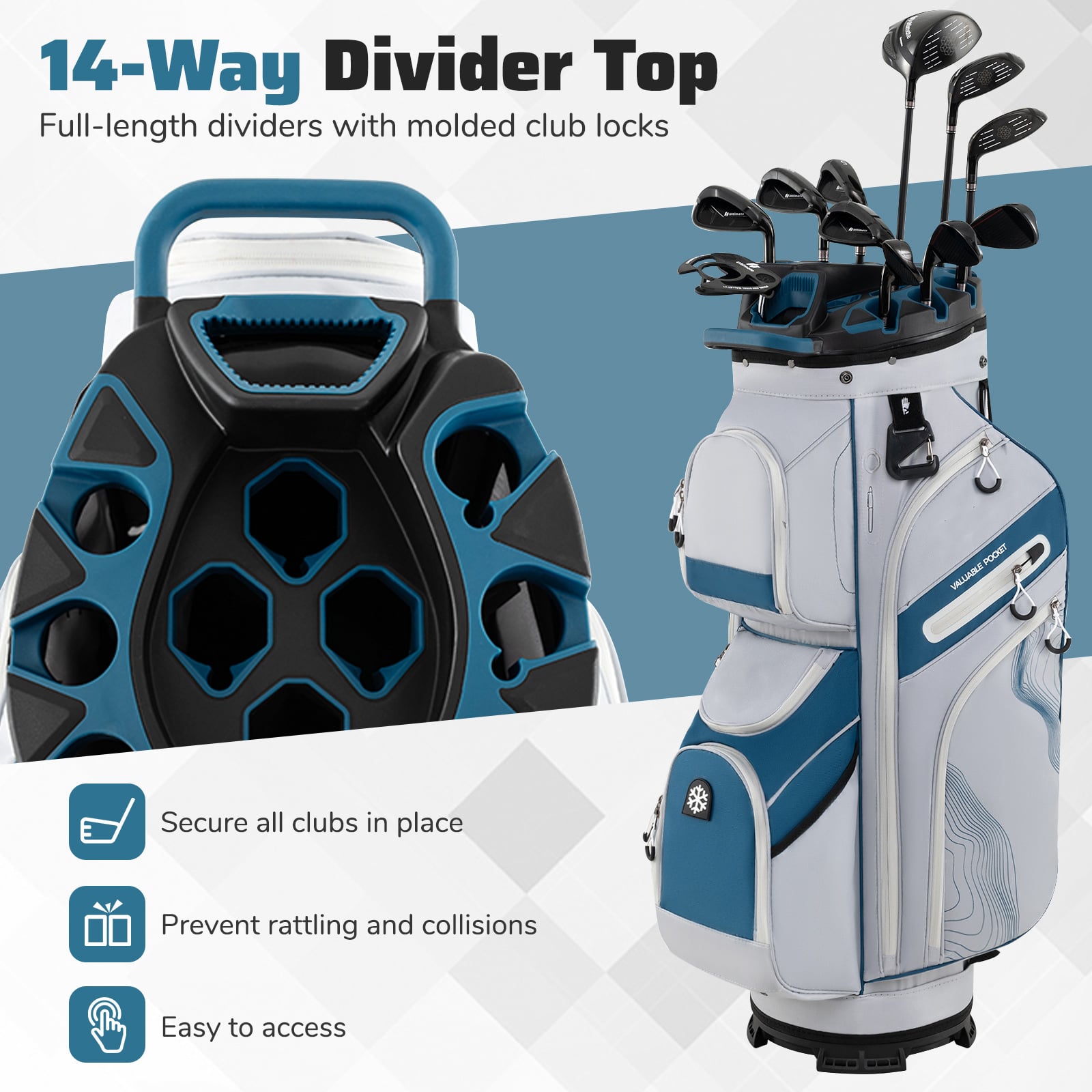 Golf Cart Bag Molded Lock Top Golf Bag with 14-Way Full Length Dividers-Navy