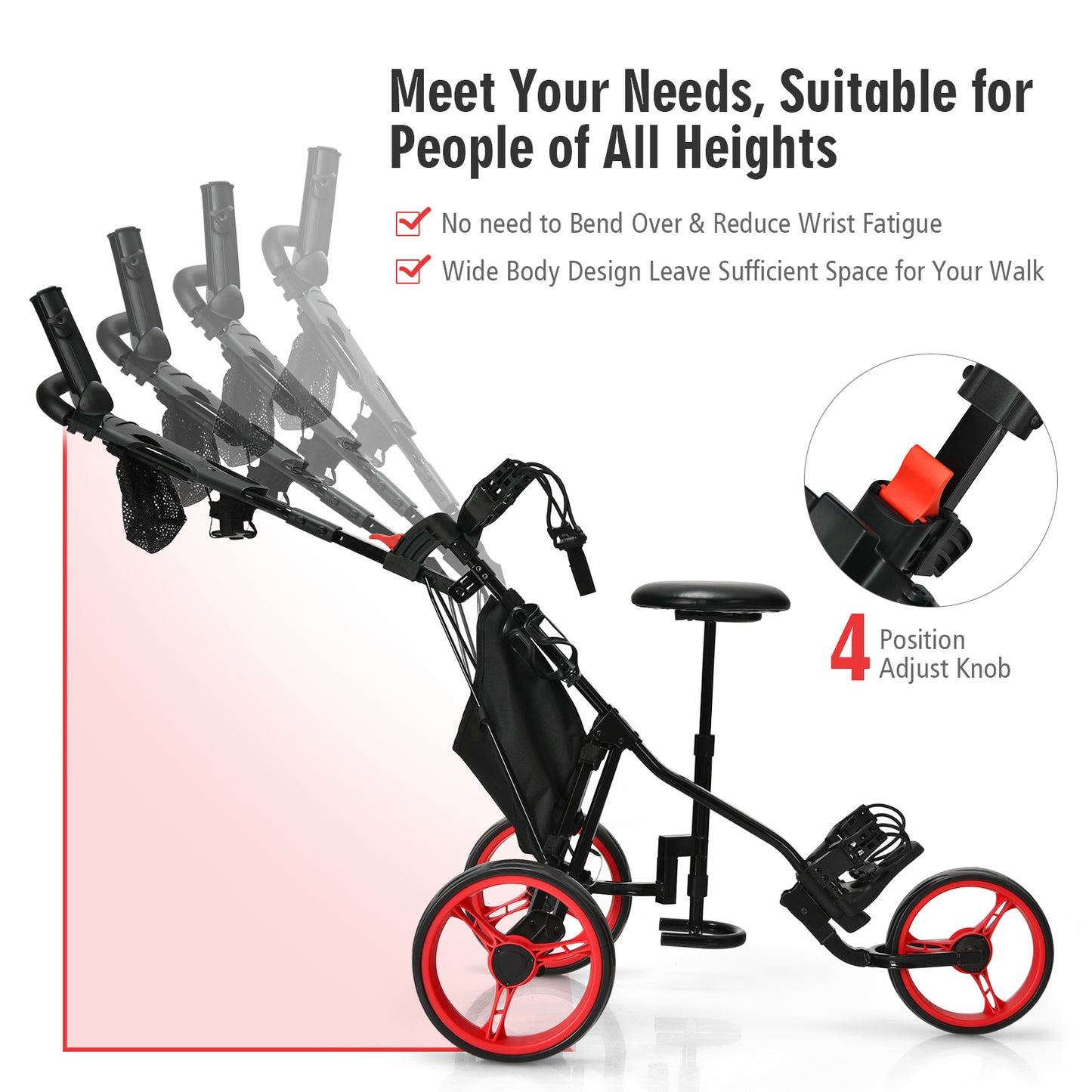 Golf Push Pull Cart with Storage Bag and Foot Brake-Red