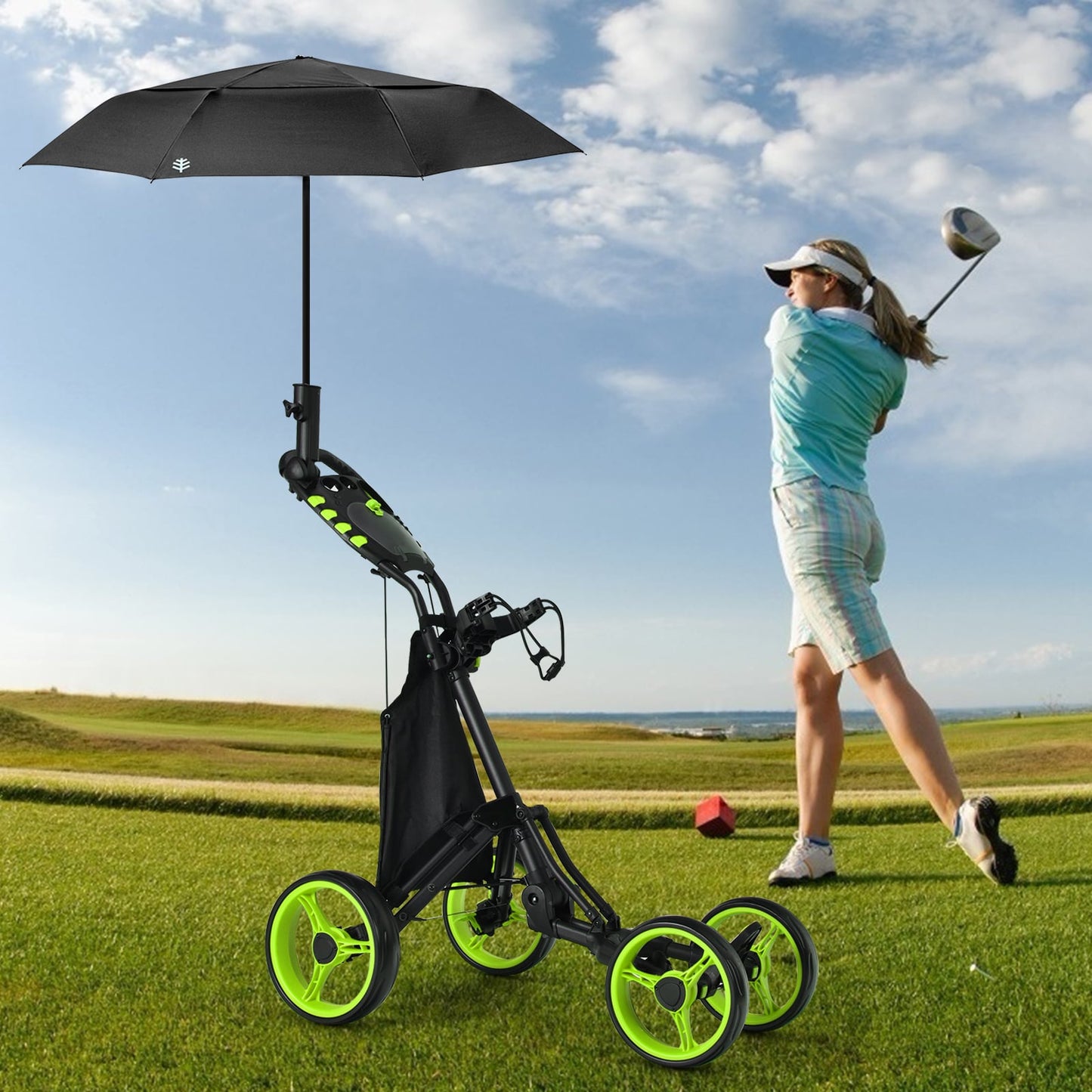 Golf Push Pull Cart with Waterproof Bag and Foot Brake-Green
