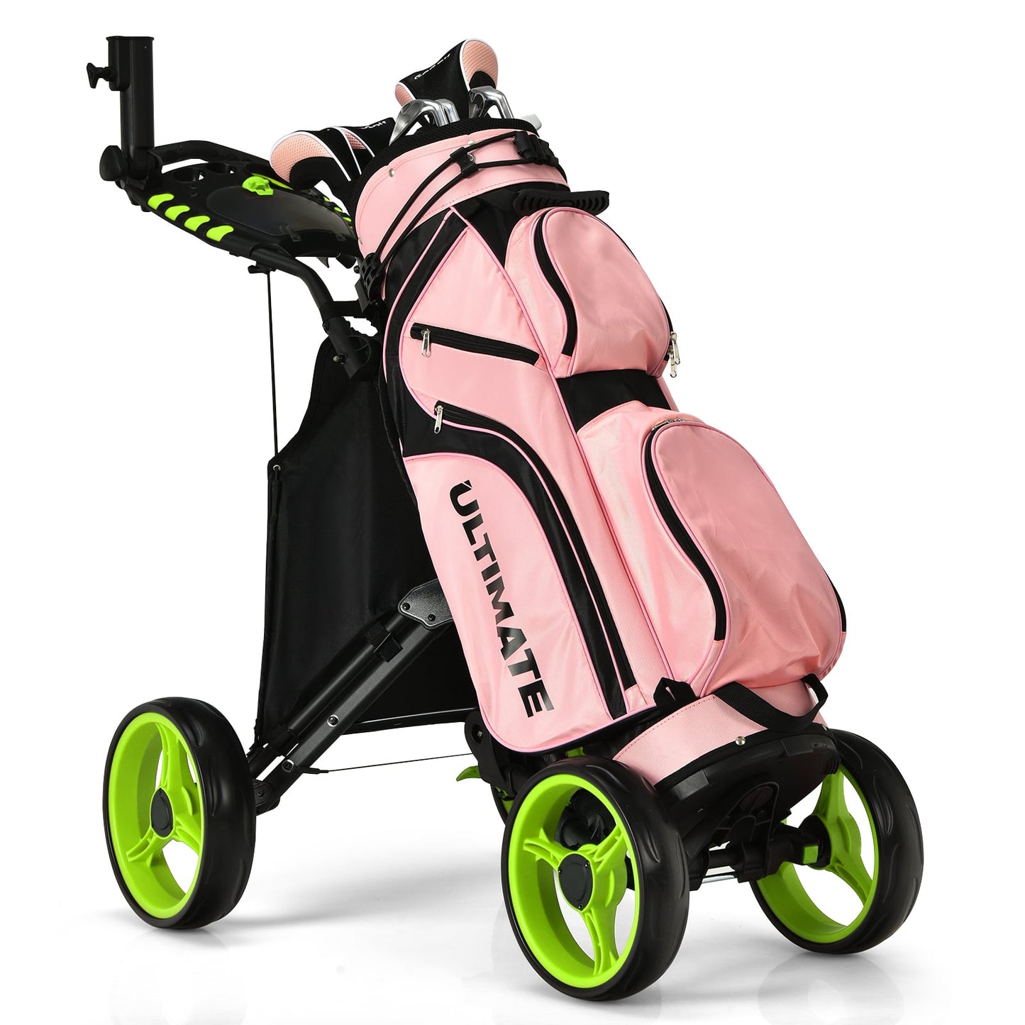 Golf Push Pull Cart with Waterproof Bag and Foot Brake-Green