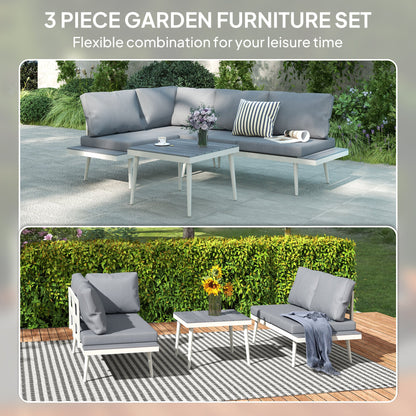 Outsunny 3 Piece Garden Furniture Set with 5-Level Adjustable Lounger, L Shaped Garden Corner Sofa with Cushions, Mesh Seat, Slatted Wood-Grain Table, Outdoor Furniture Set for Conservatory, Grey