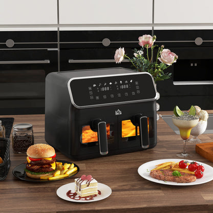 HOMCOM 8L Dual Basket Air Fryer, 80-200â Air Fryer Oven with 2 Baskets and Sync Function - Black/Silver
