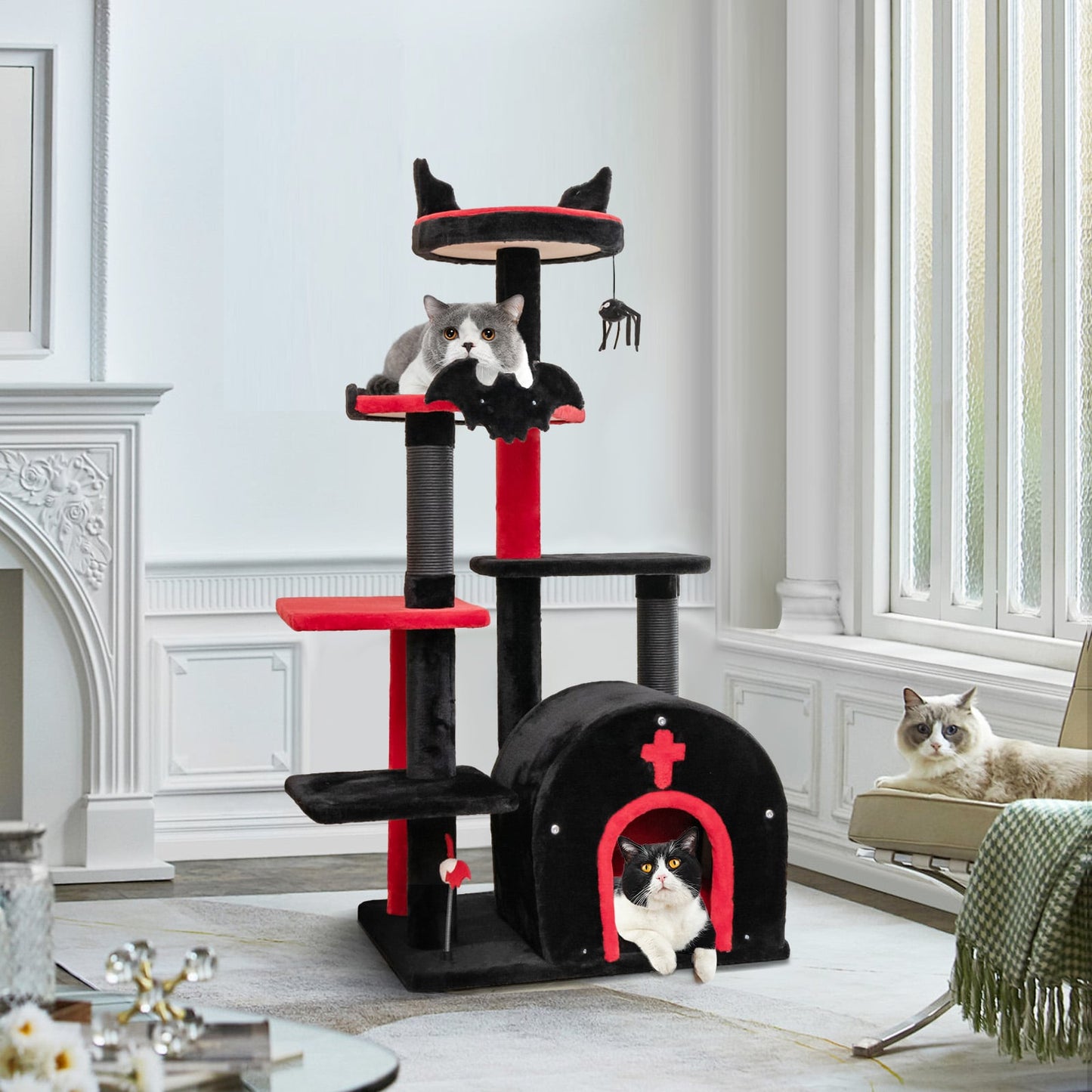 Gothic Cat Tree 134cm Tall Cat Tower with Cat Bed for Indoor Kitten and Adult Cat-Black