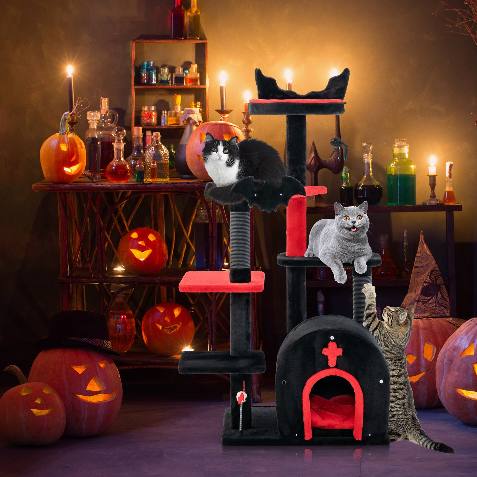 Gothic Cat Tree 134cm Tall Cat Tower with Cat Bed for Indoor Kitten and Adult Cat-Black