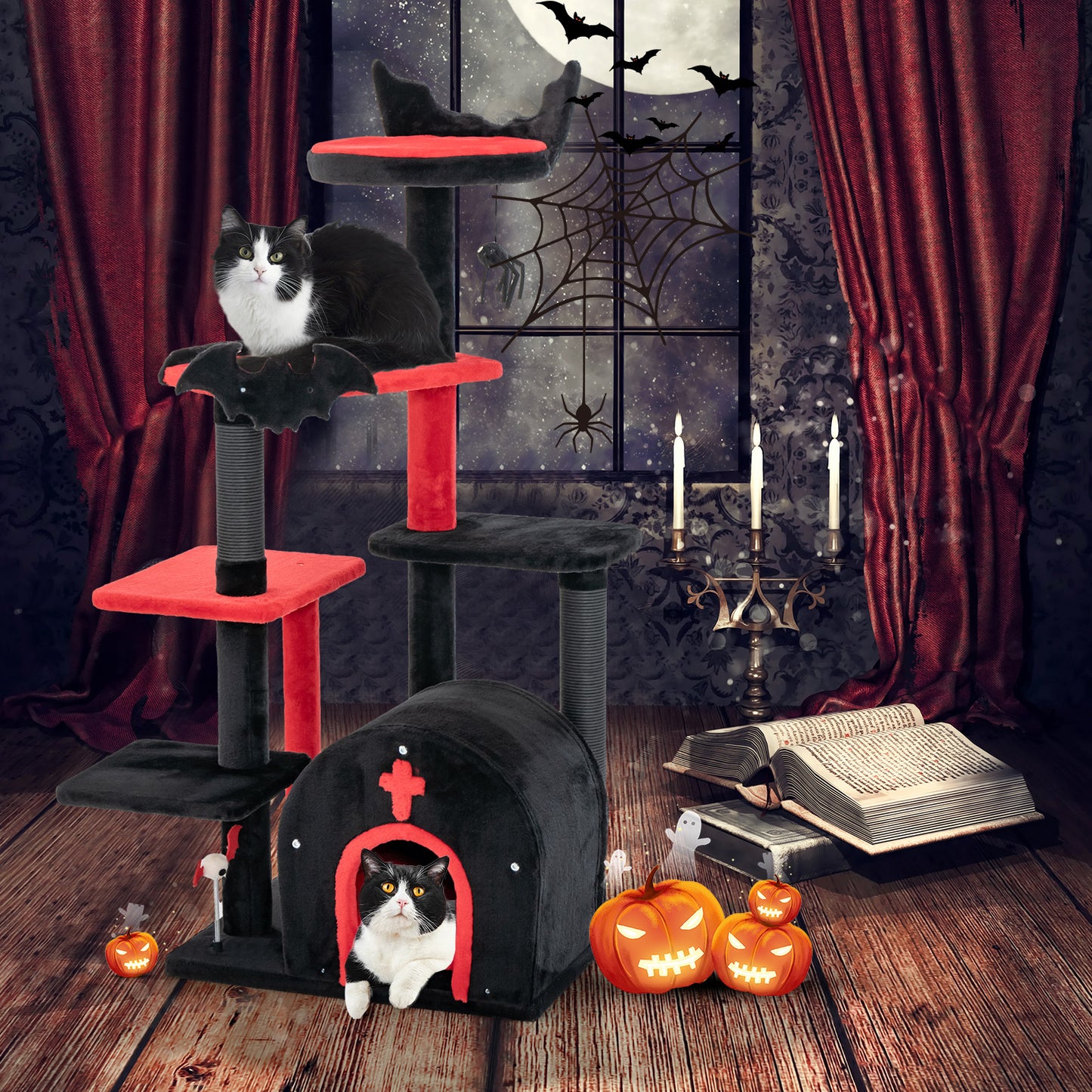 Gothic Cat Tree 134cm Tall Cat Tower with Cat Bed for Indoor Kitten and Adult Cat-Black