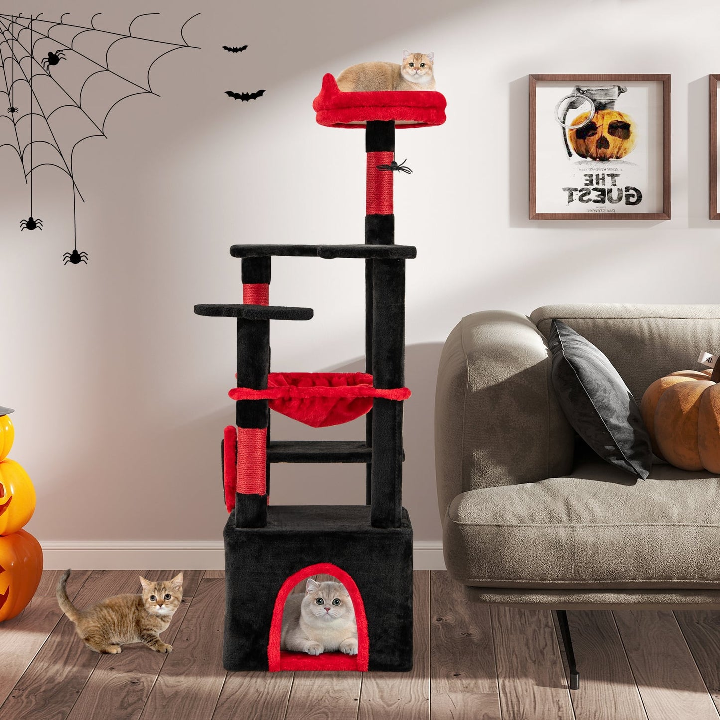 Gothic Cat Tree for Indoor Cats Large Cat Tower with Plush Perch-Red & Black