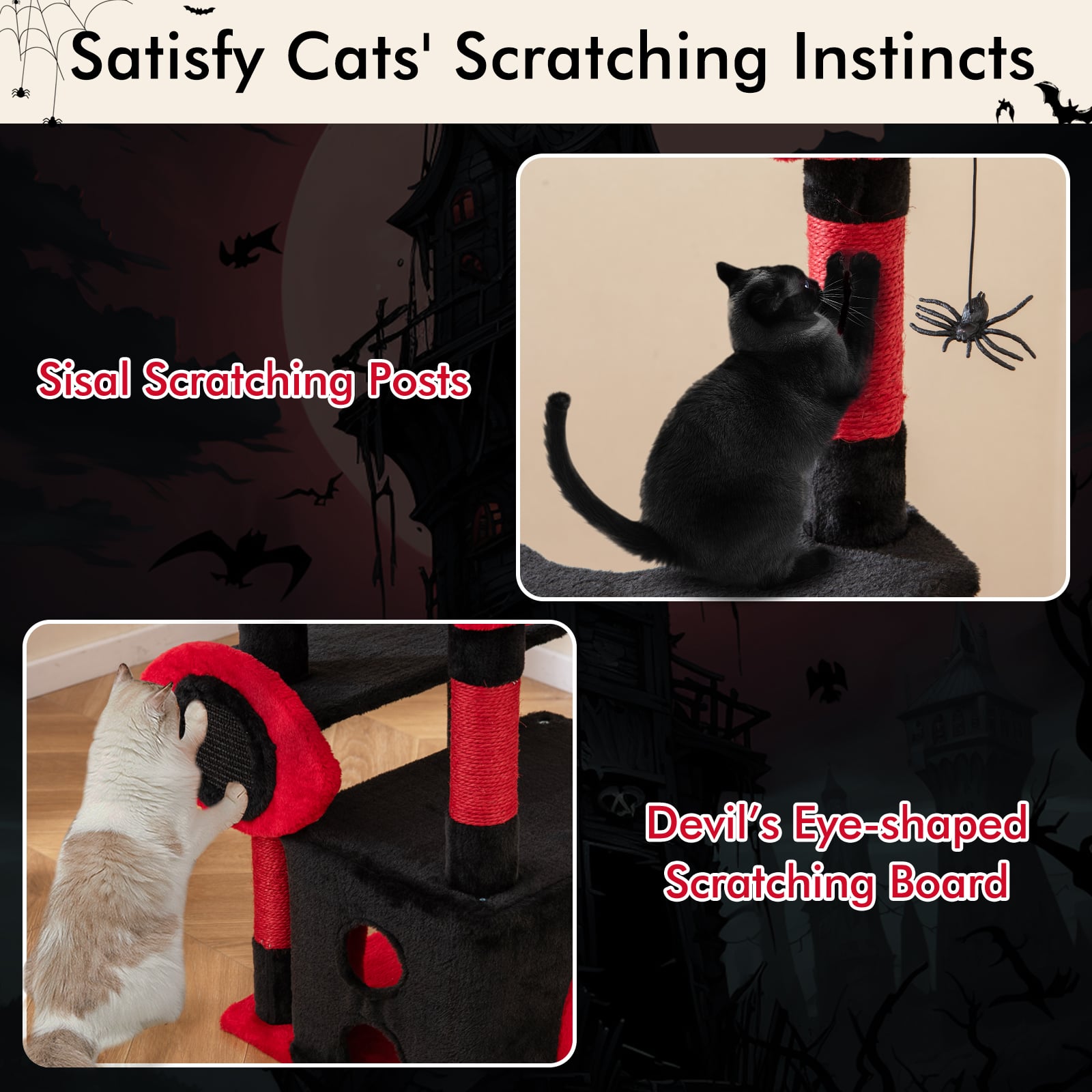 Gothic Cat Tree for Indoor Cats Large Cat Tower with Plush Perch-Red & Black