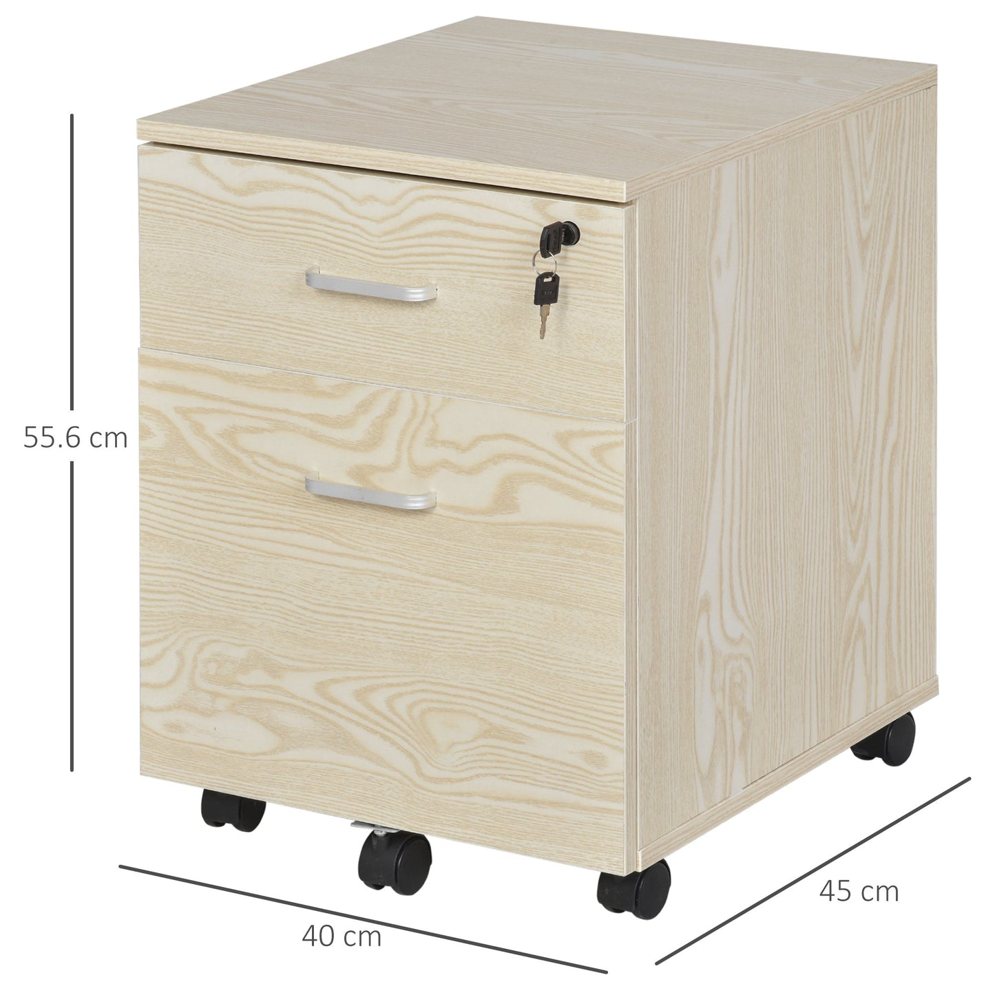 Vinsetto 2-Drawer Locking Office Filing Cabinet w/ 5 Wheels Rolling Storage Hanging A4 Cupboard Home Organisation, Oak Wood Grain
