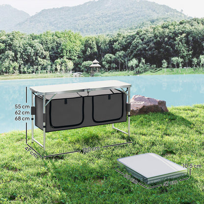 Outsunny 4ft Folding Camping Cupboard Kitchen, Height Adjustable Aluminium Camping Table with Storage, Lightweight Picnic Table for Outdoor Garden BBQ Party