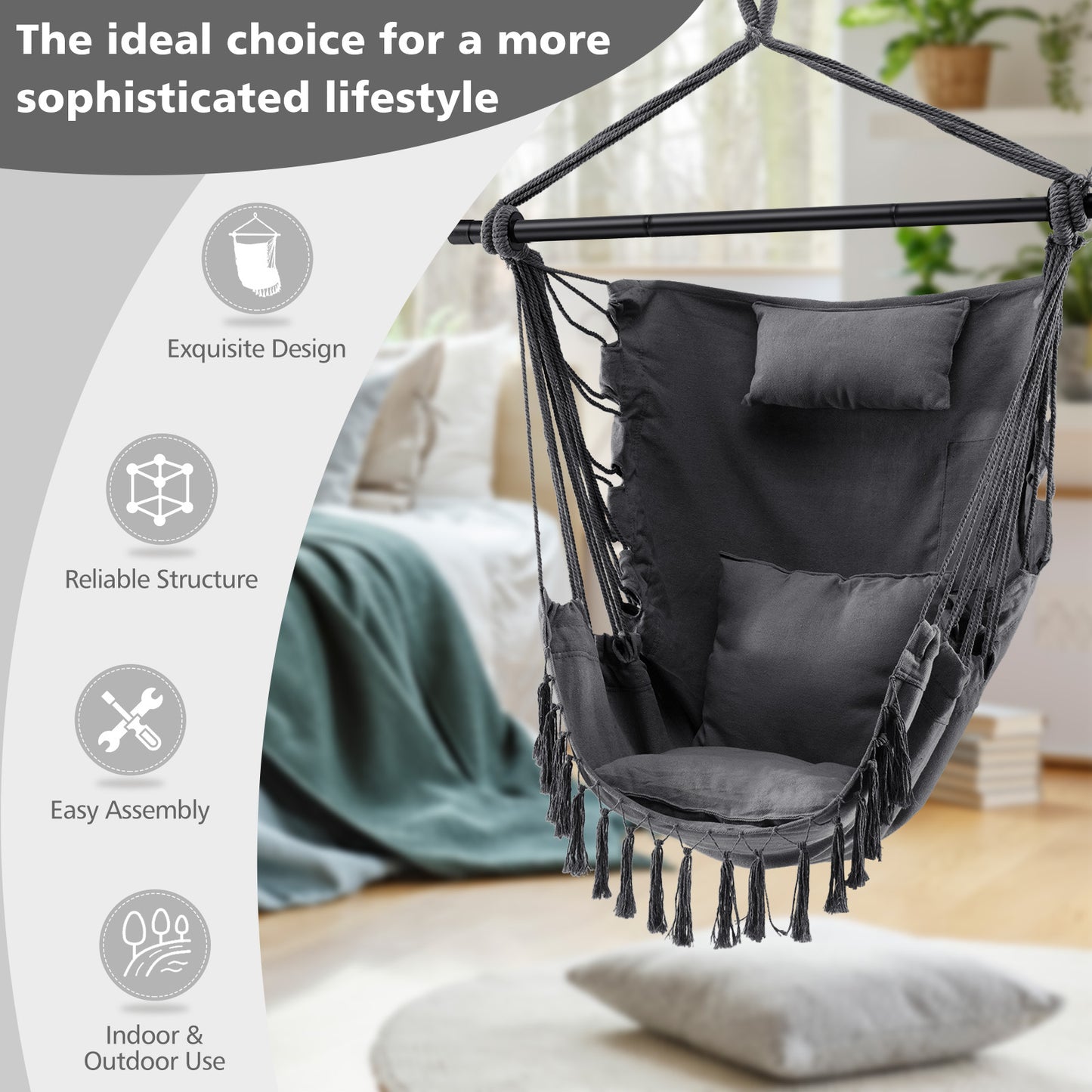 Hammock Chair with Soft Pillow &amp; Cushions for Home &amp; Backyard-Grey