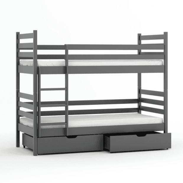 Gray bunk bed with white mattresses on a white background
