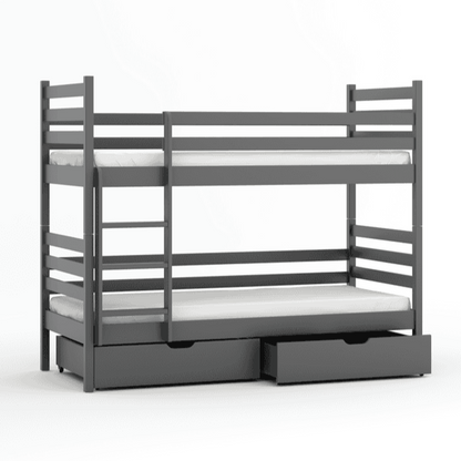 Gray bunk bed with white mattresses on a white background
