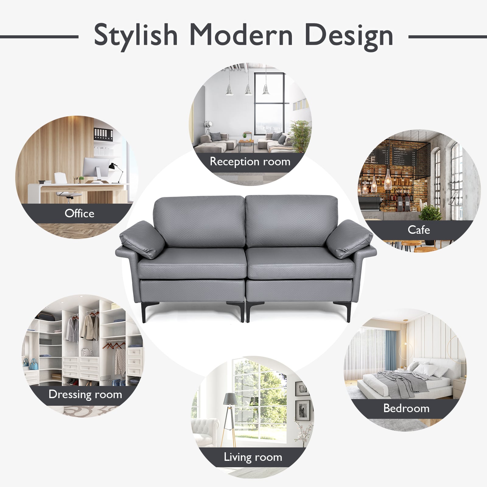 L-Shaped 2-Seater Upholstered Sectional Couch-Grey
