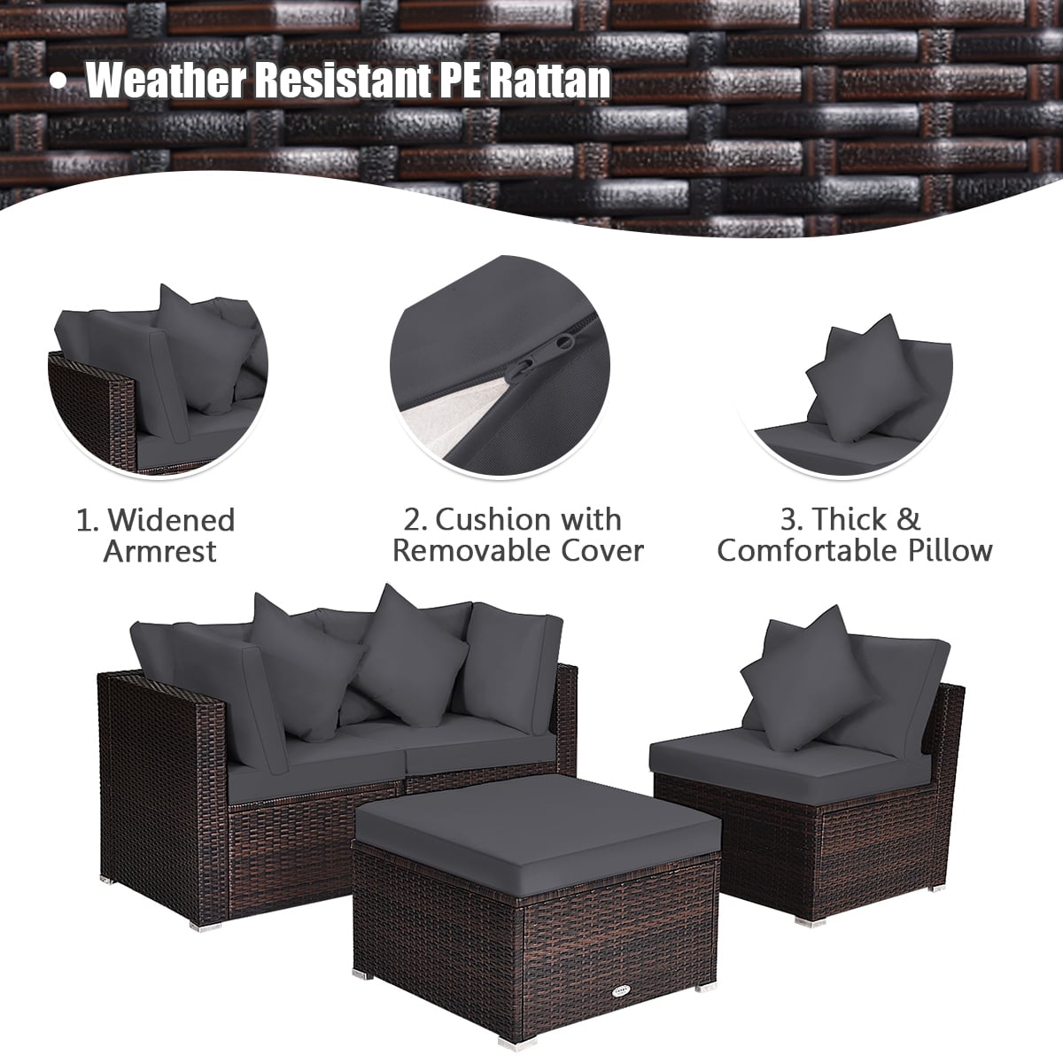 4 Pieces Outdoor Rattan  Conversation Set with Removable Cushions and Pillows-Grey