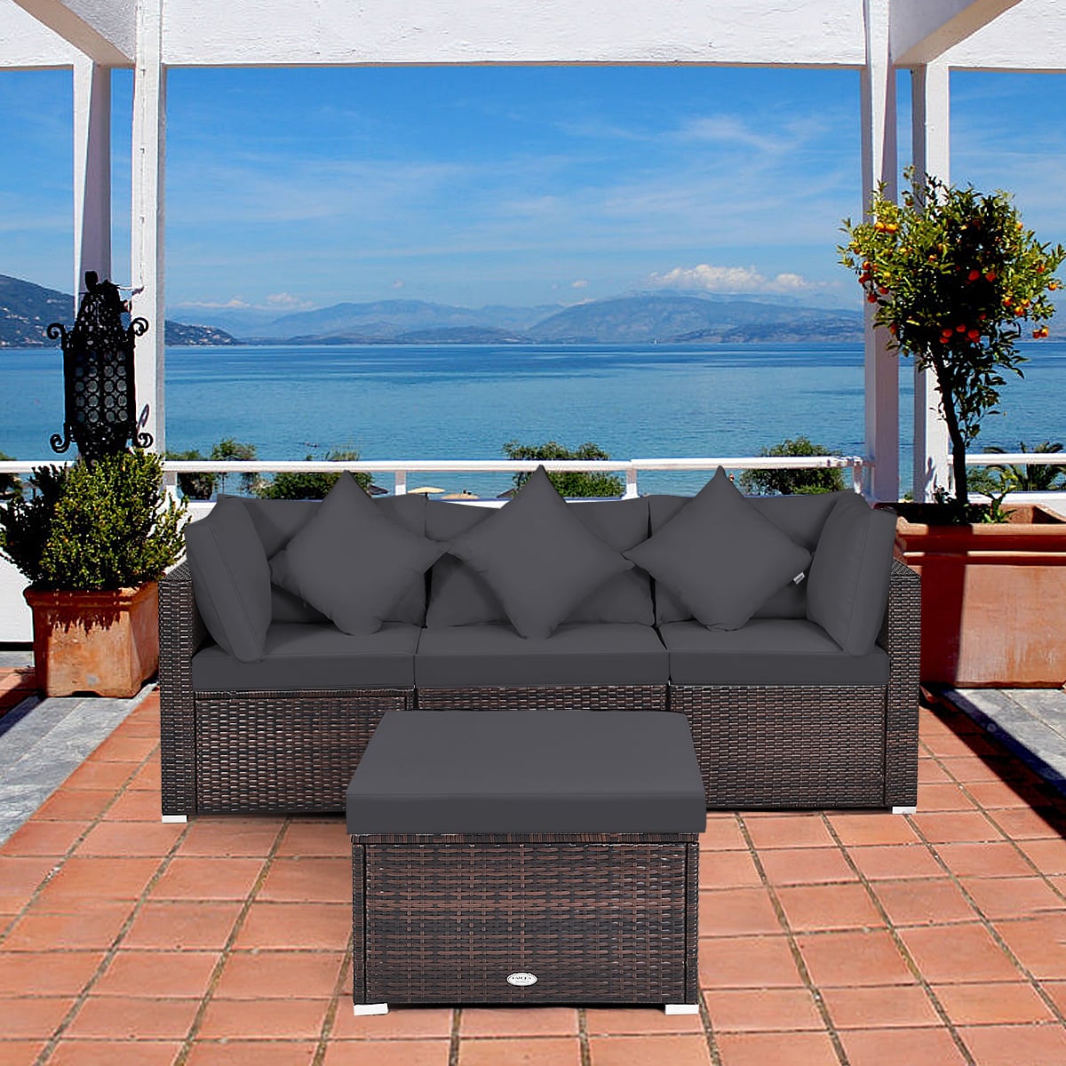 4 Pieces Outdoor Rattan  Conversation Set with Removable Cushions and Pillows-Grey