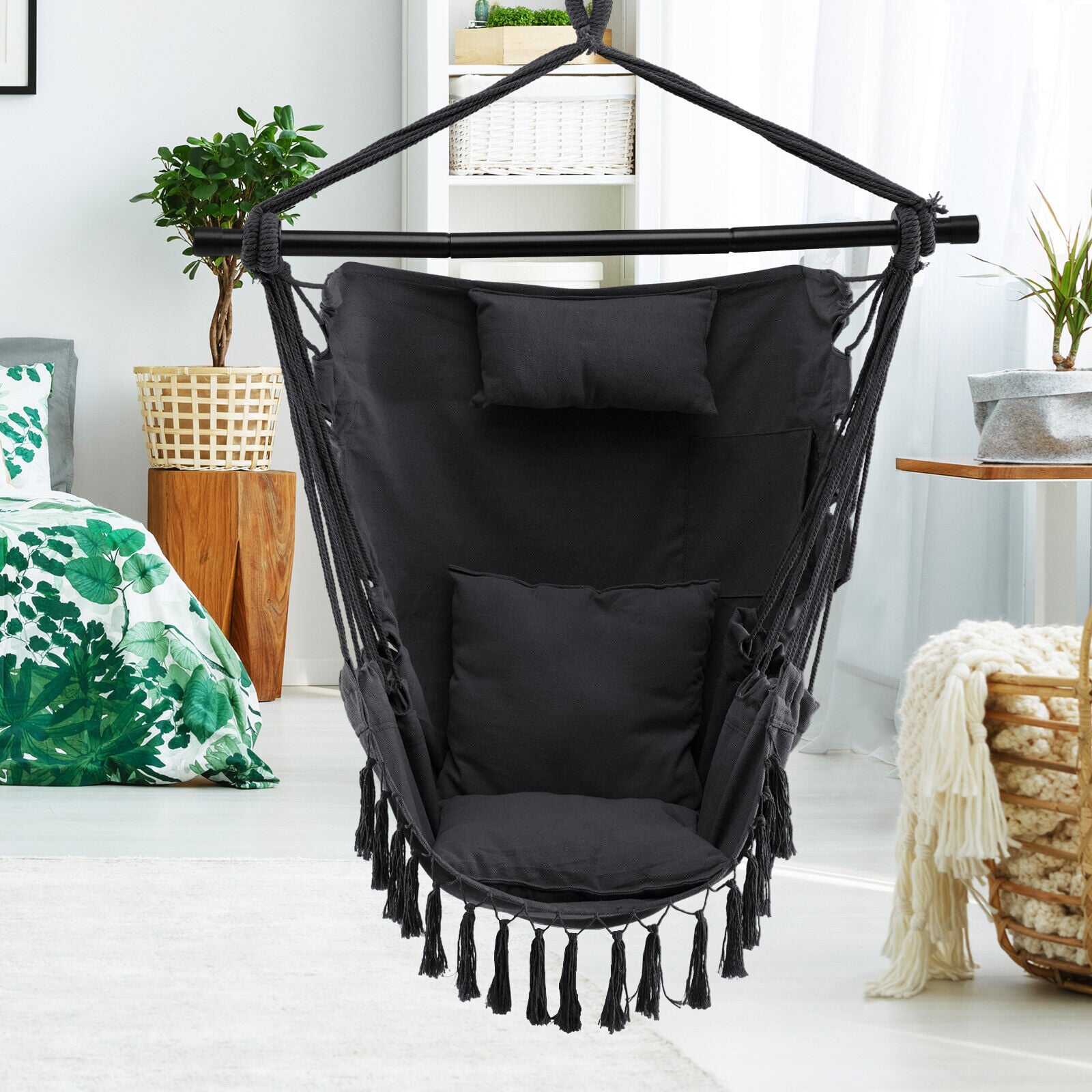 Hammock Swing Chair with Pillow and Cushions for Living Room Patio-Grey