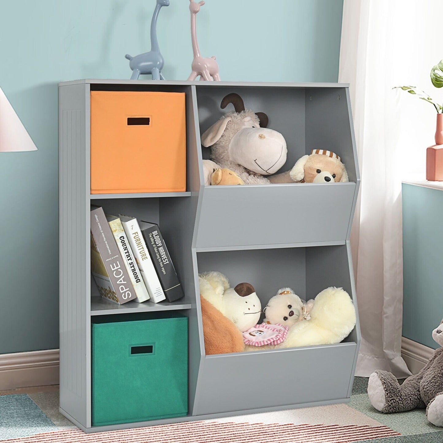 Modern Kids Toy Storage Cabinet with 2 Baskets-Grey