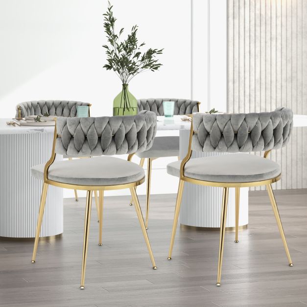 Upholstered Dining Chairs with Golden Metal Legs for Living Room-Gray