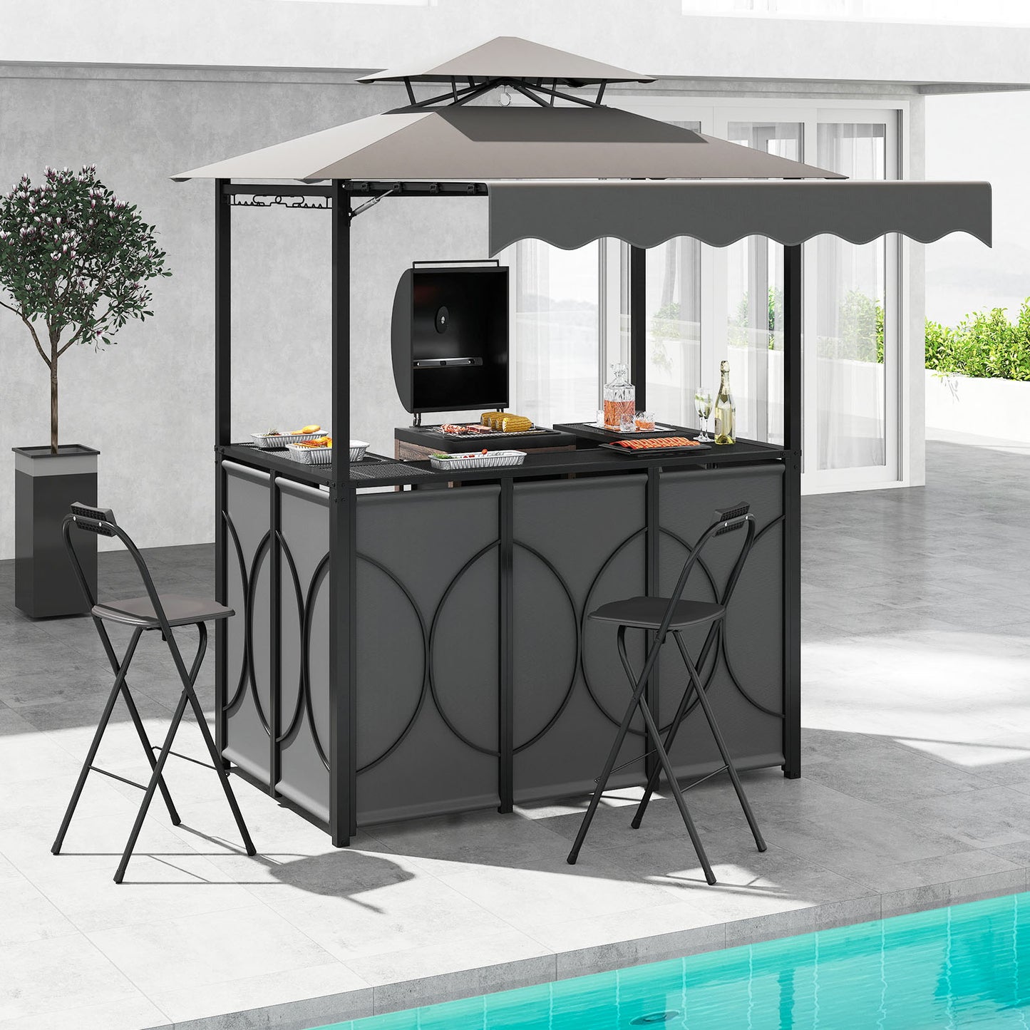 Grill Gazebo with Awning 3-Piece Outdoor BBQ Canopy-Grey
