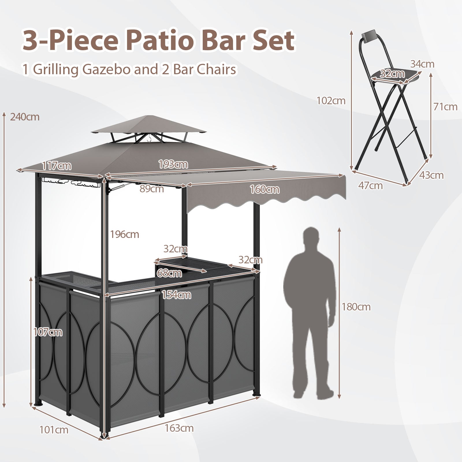 Grill Gazebo with Awning 3-Piece Outdoor BBQ Canopy-Grey