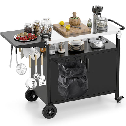 Grill Cart with Storage Outdoor Kitchen Island with Folding Stainless Steel Top-Black